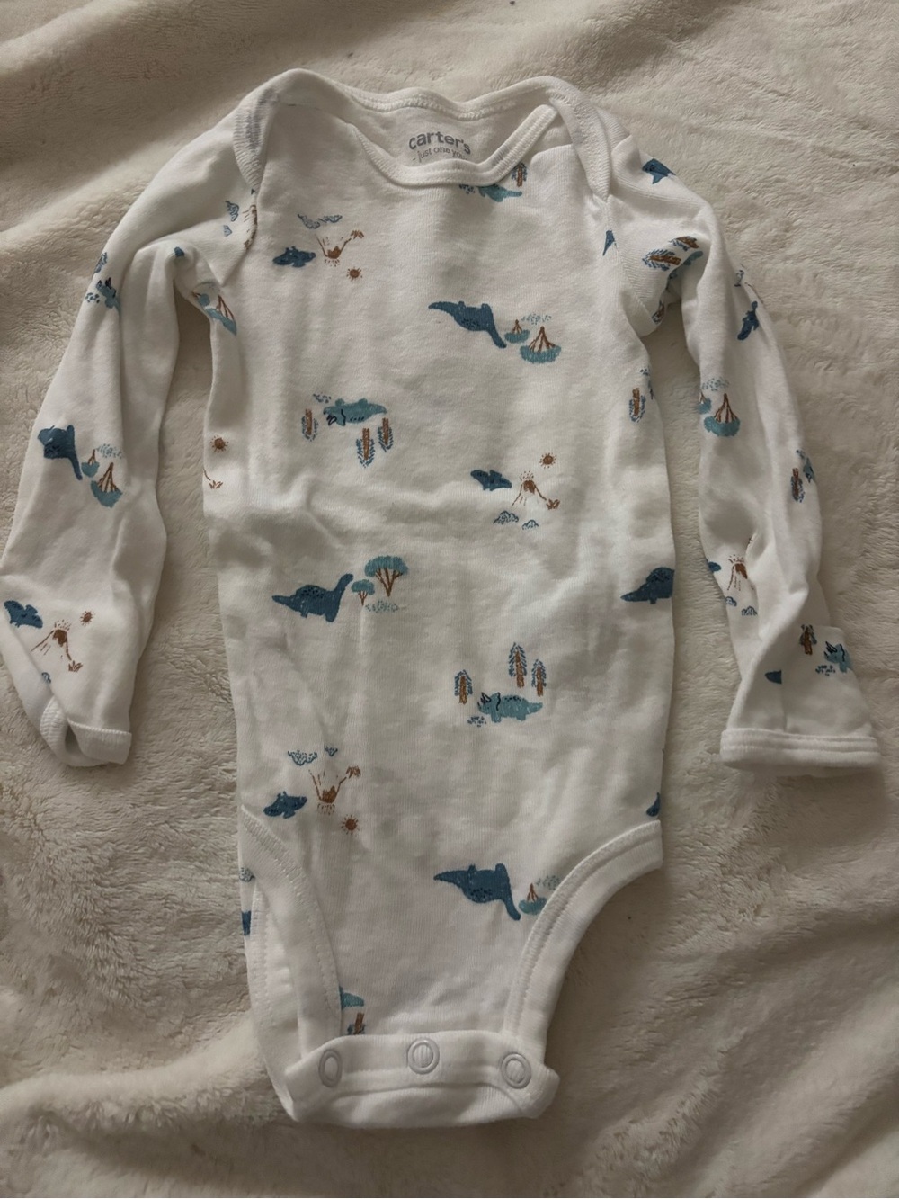 Carter's White Long-Sleeve Dino Print One-Piece